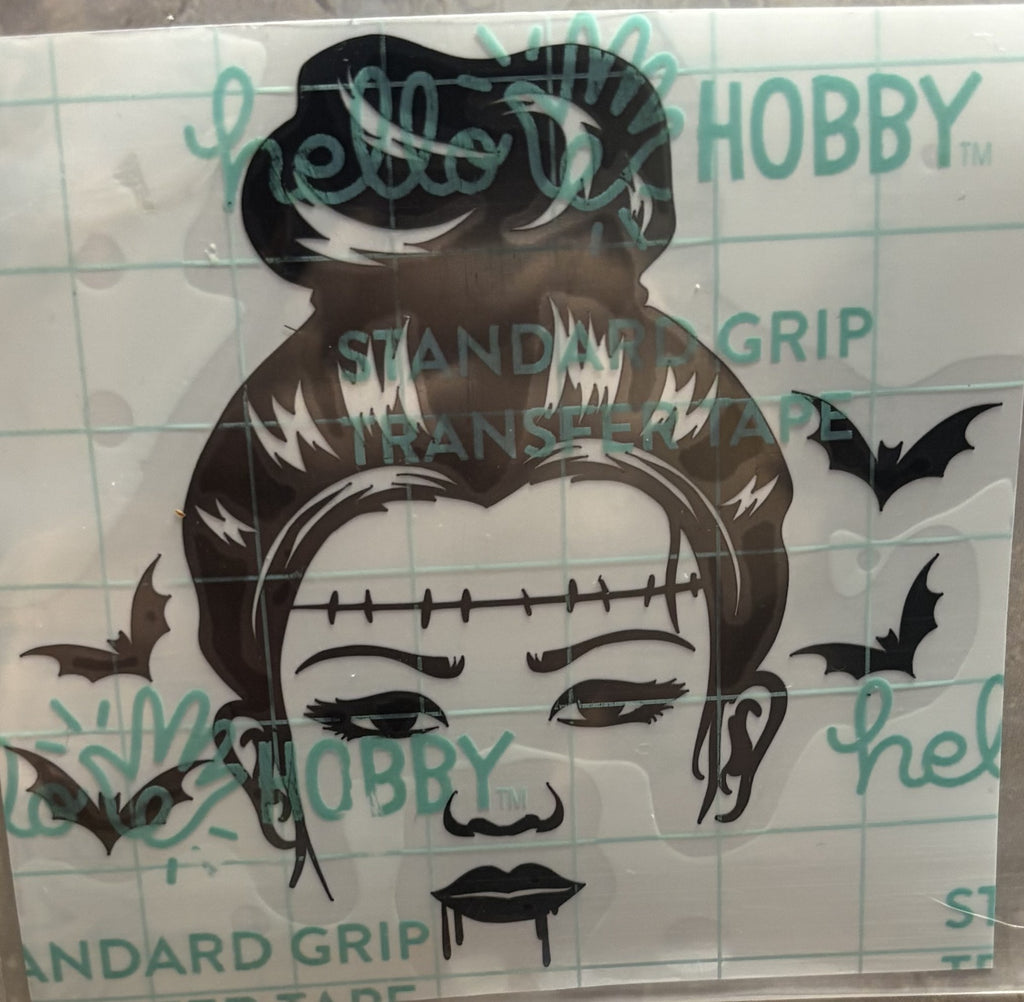 Female Frankenstein with Messy Bun & Bats Vinyl Decal – 4x4 Inch Spooky Gothic Sticker