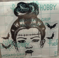 Female Frankenstein with Messy Bun & Bats Vinyl Decal – 4x4 Inch Spooky Gothic Sticker