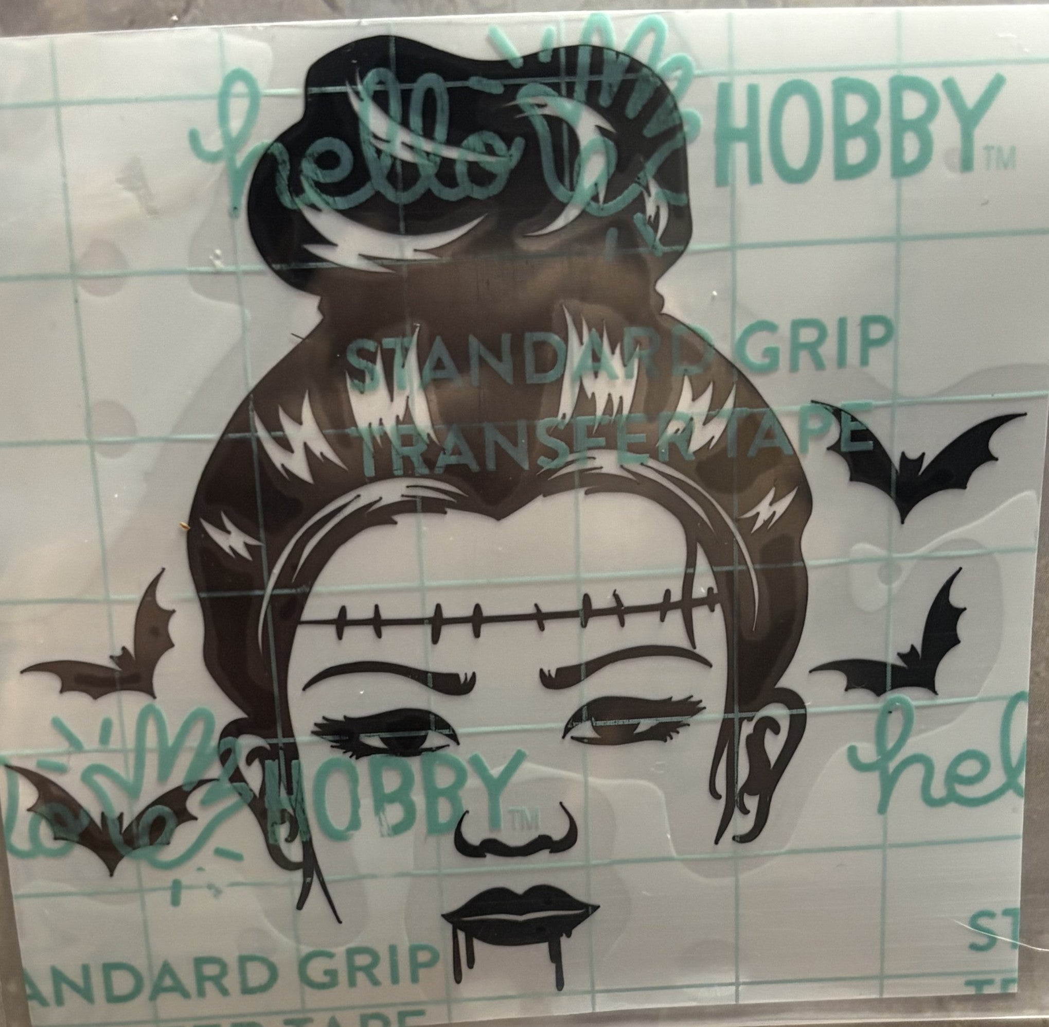 Female Frankenstein with Messy Bun & Bats Vinyl Decal – 4x4 Inch Spooky Gothic Sticker