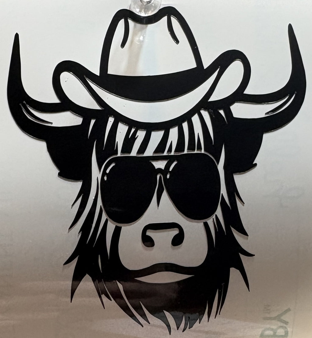 Highland Cow Cowboy Hat Vinyl Decal – 4x4 Inch Western Farmhouse Sticker