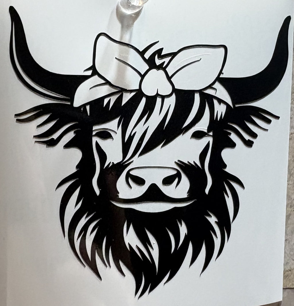 Highland Cow with Bow Vinyl Decal – 4x4 Inch Cute Farm Animal Sticker