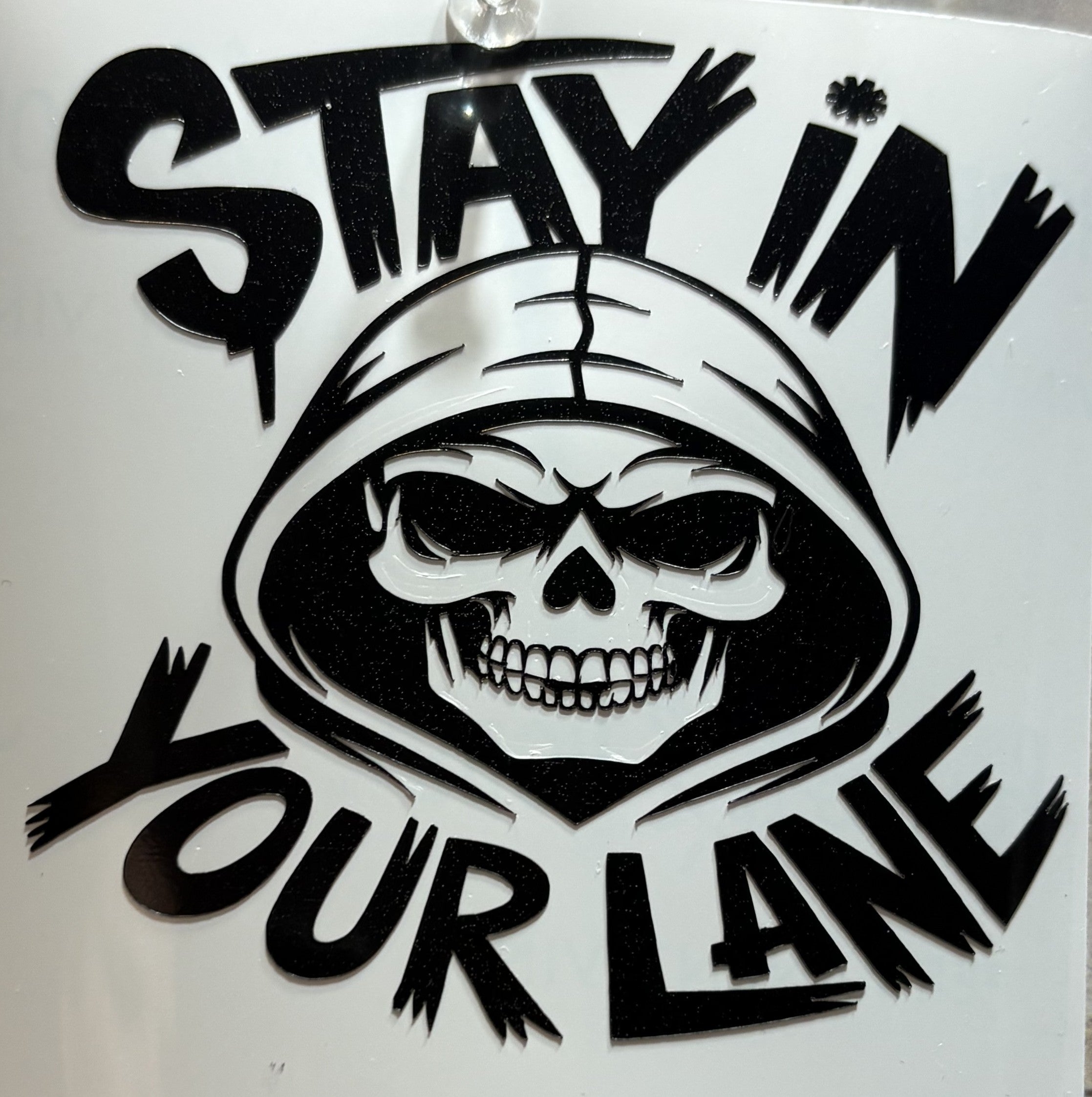 Skull “Stay In Your Lane” Vinyl Decal – 4x4 Inch Bold Gothic Car Sticker