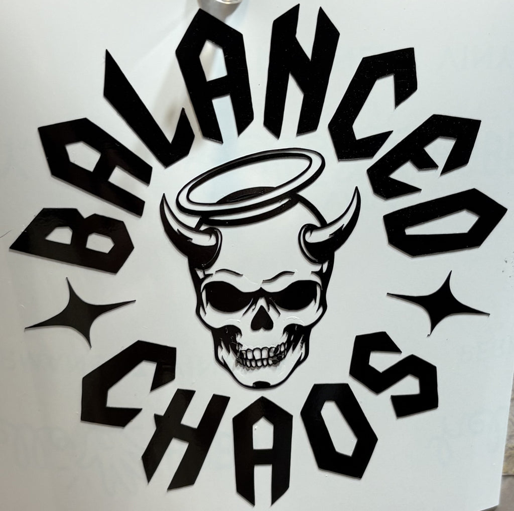 “Balanced Chaos” Skull Vinyl Decal – 4x4 Inch Gothic Motivational Sticker