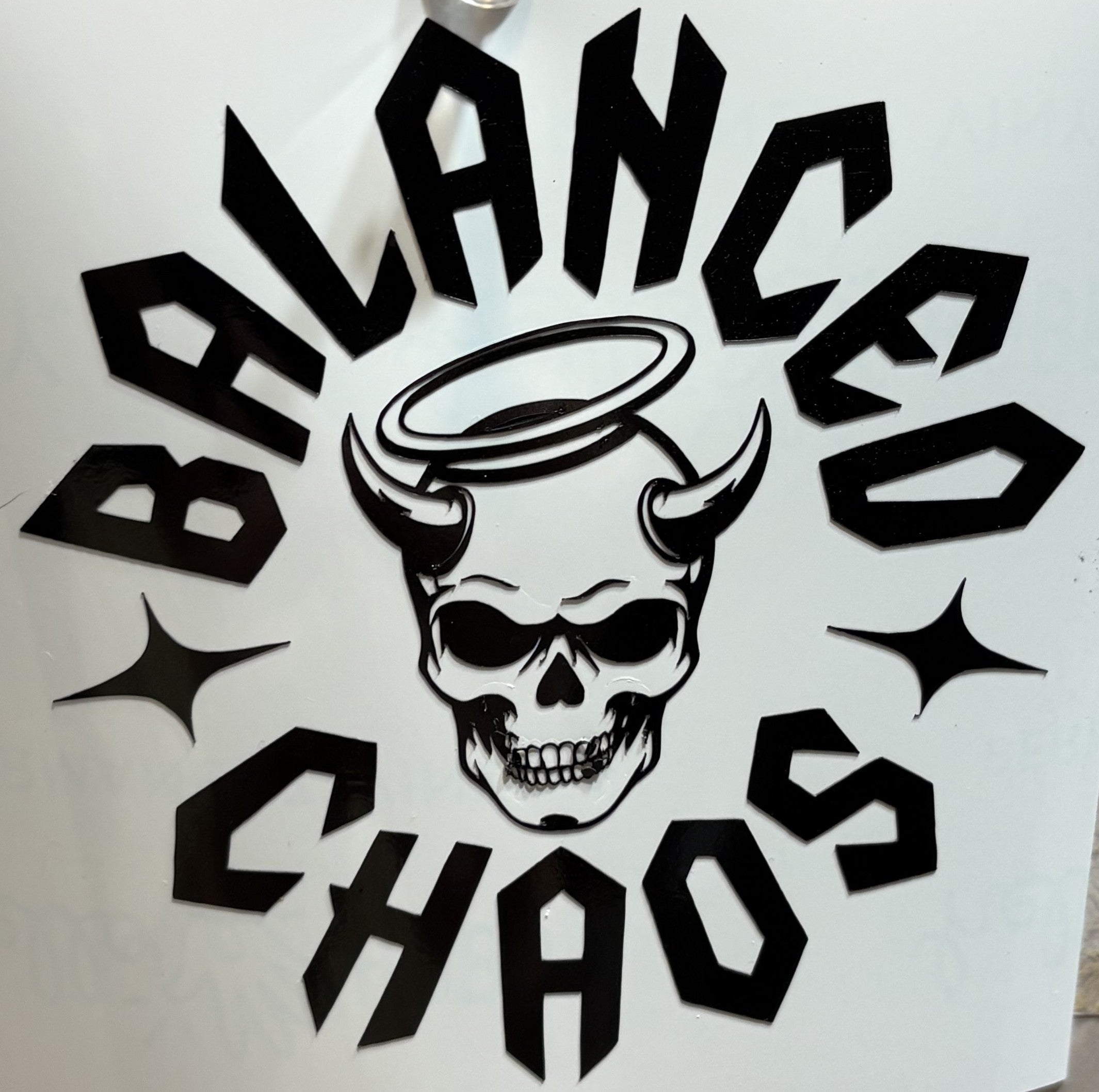 “Balanced Chaos” Skull Vinyl Decal – 4x4 Inch Gothic Motivational Sticker