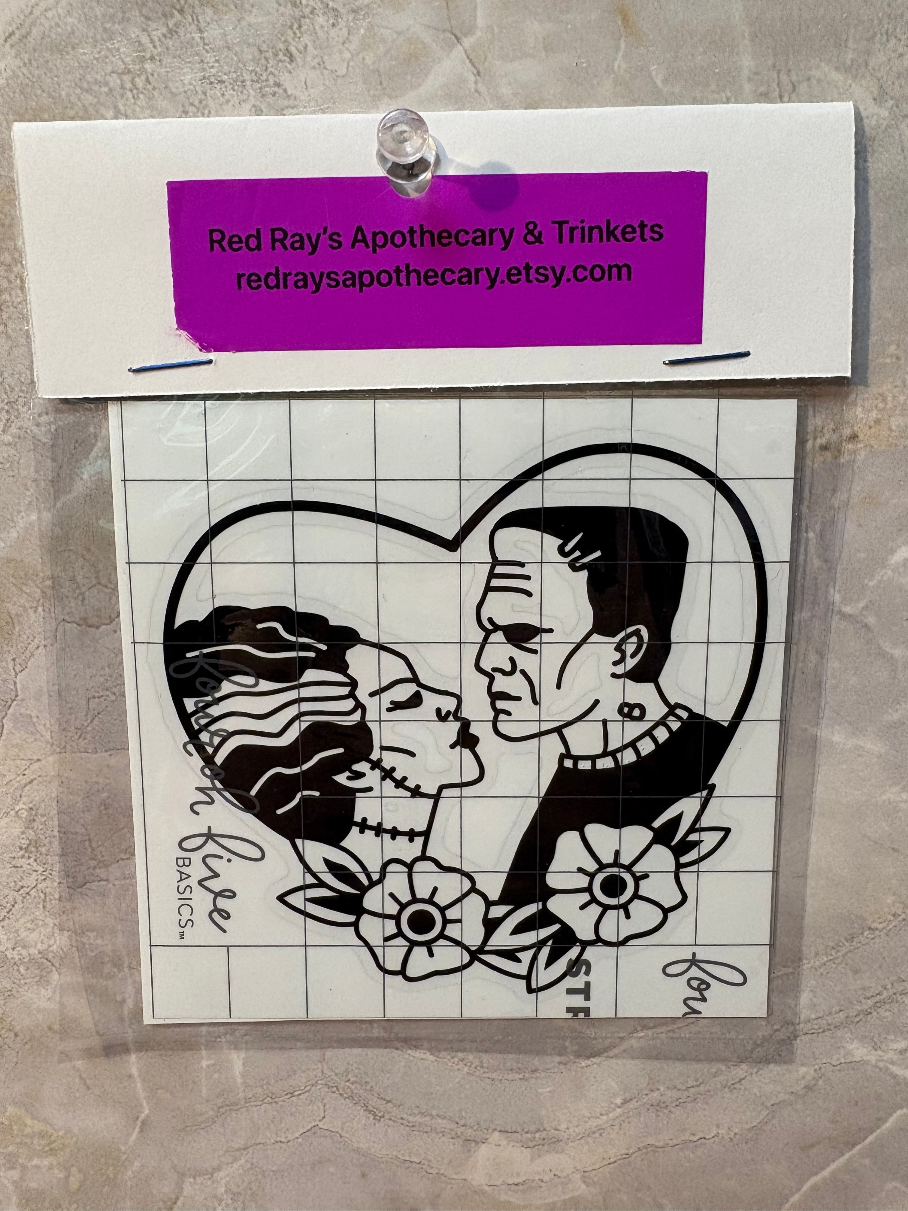 Frankenstein's Monster & Bride Heart Decal – 4x4 Inch Gothic Romance Vinyl Sticker