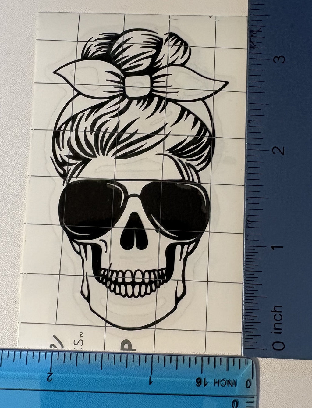 Cool Skeleton Girl with Messy Bun & Sunglasses – 4x4 Inch Vinyl Decal
