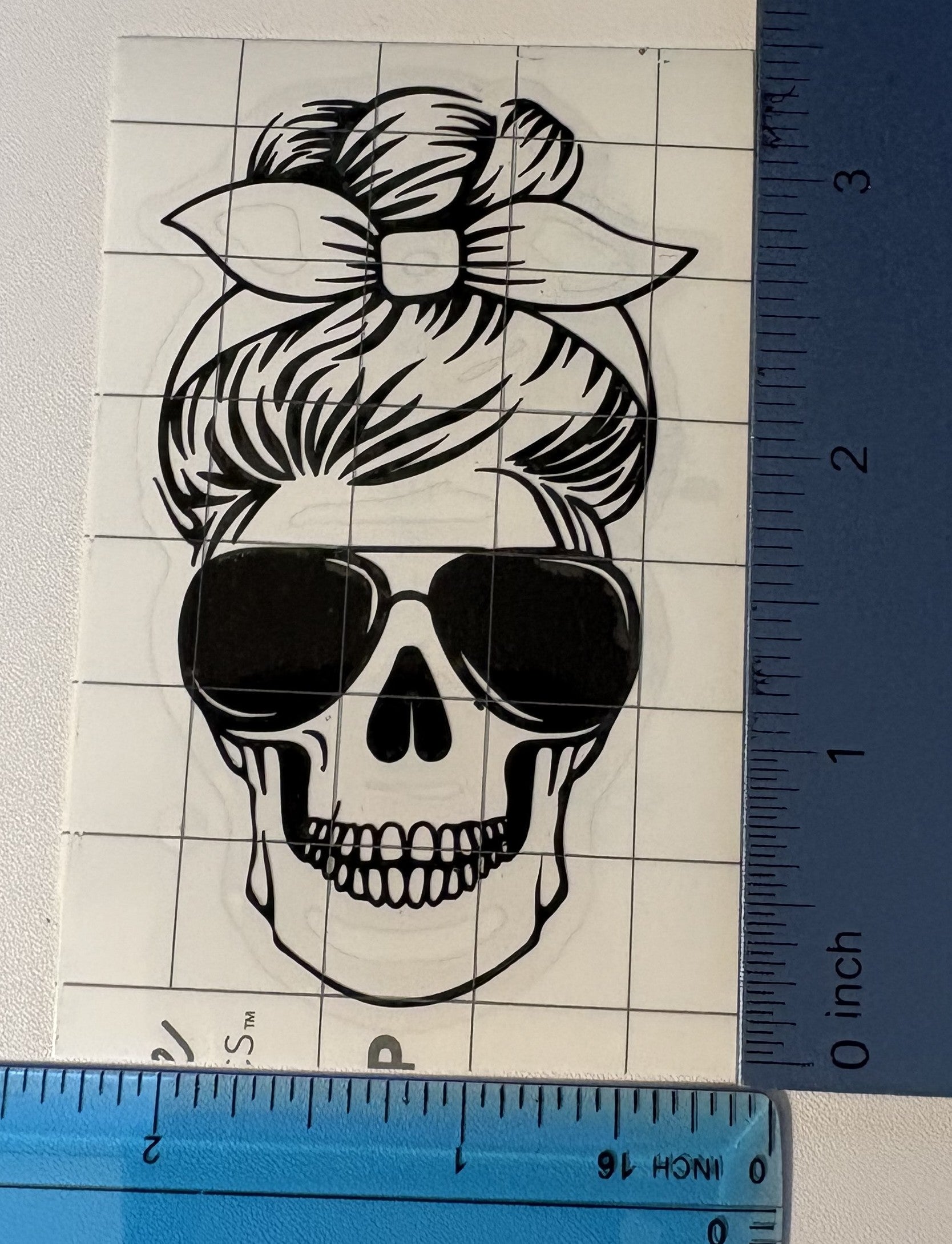 Cool Skeleton Girl with Messy Bun & Sunglasses – 4x4 Inch Vinyl Decal